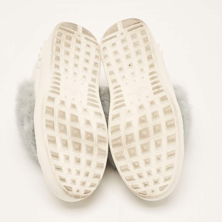 Pre Owned Valentino White Leather and Mink Fur Rockstud Low Top Sneakers Size 37.5