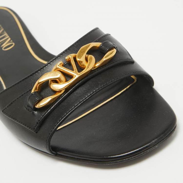 Pre Owned Valentino Black Leather VLogo Flat Slides Size 39