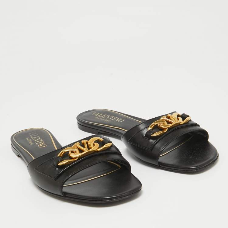Pre Owned Valentino Black Leather VLogo Flat Slides Size 39