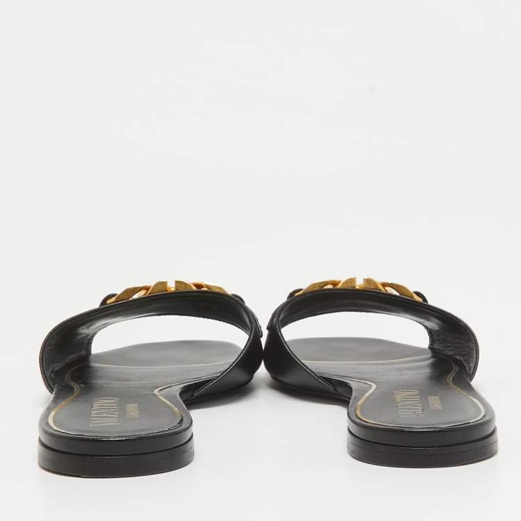 Pre Owned Valentino Black Leather VLogo Flat Slides Size 39