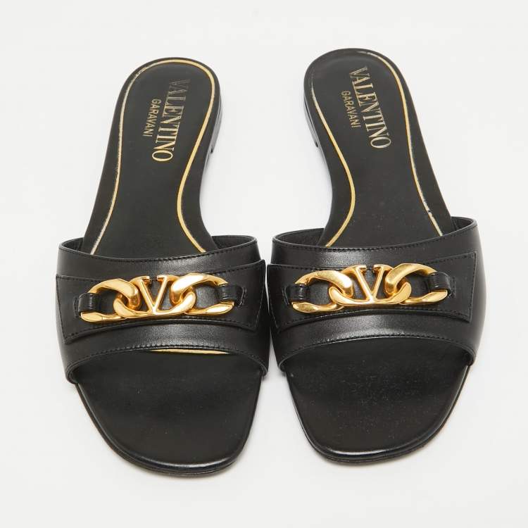 Pre Owned Valentino Black Leather VLogo Flat Slides Size 39