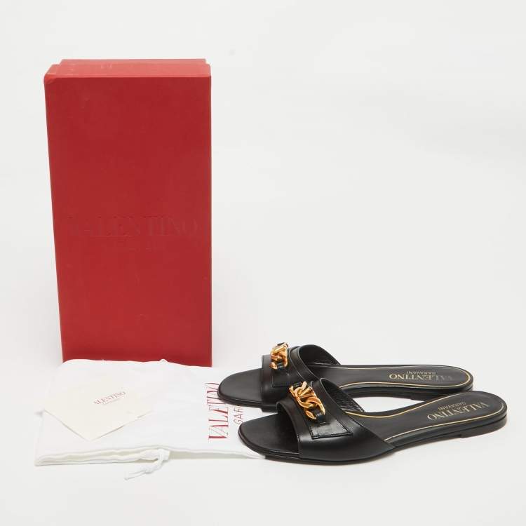 Pre Owned Valentino Black Leather VLogo Flat Slides Size 39