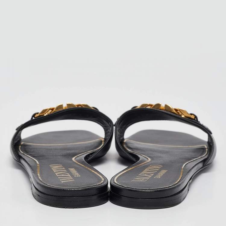 Pre Owned Valentino Black Leather VLogo Chain Flat Slides Size 38