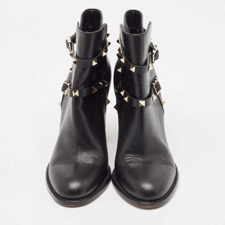 Pre Owned Valentino Black Leather Rockstud Ankle Boots Size 39