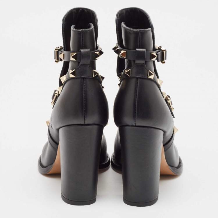 Pre Owned Valentino Black Leather Rockstud Ankle Boots Size 39