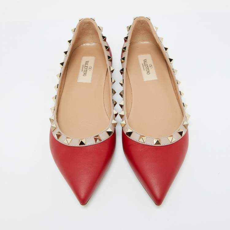 Pre Owned Valentino Red/Beige Leather Rockstud Ballet Flats Size 36.5
