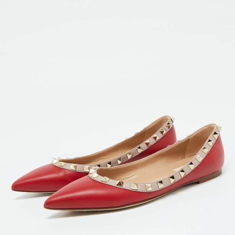 Pre Owned Valentino Red/Beige Leather Rockstud Ballet Flats Size 36.5
