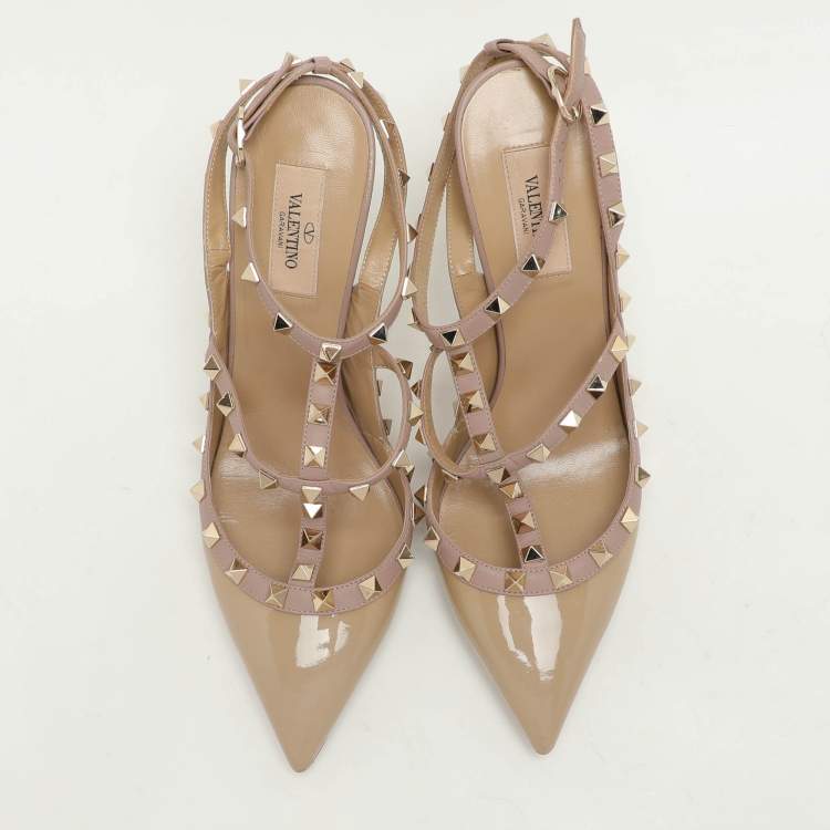 Pre Owned Valentino Beige Leather and Patent Leather Rockstud Pumps Size 40.5