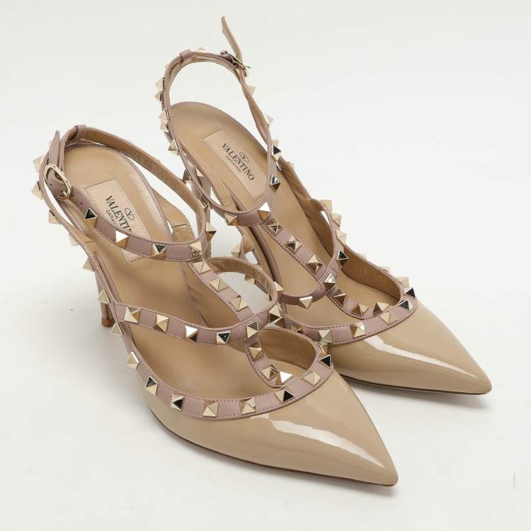 Pre Owned Valentino Beige Leather and Patent Leather Rockstud Pumps Size 40.5