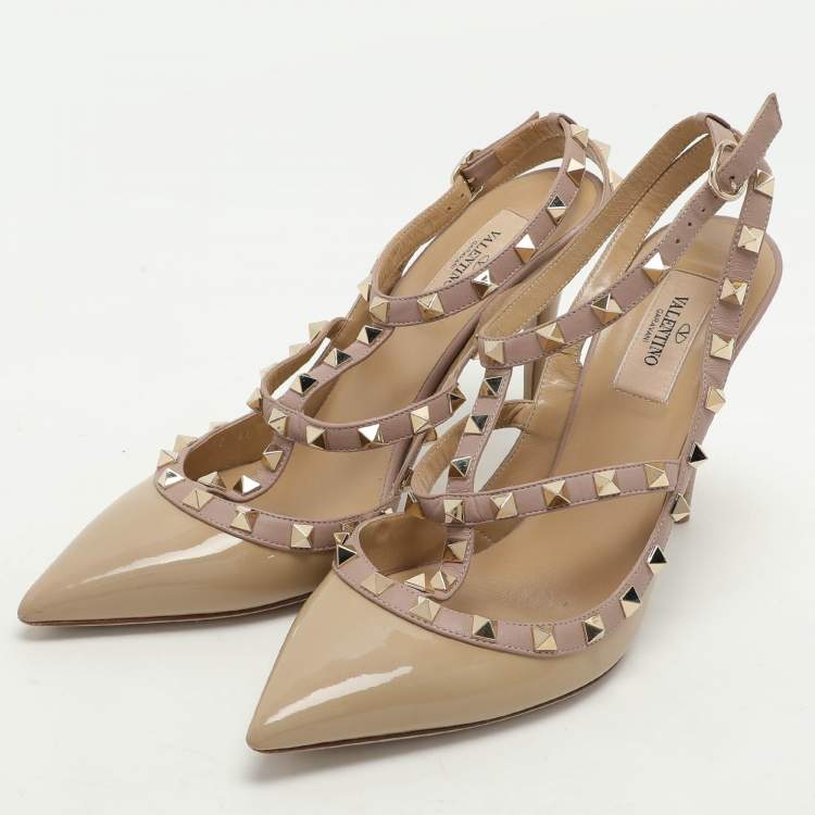 Pre Owned Valentino Beige Leather and Patent Leather Rockstud Pumps Size 40.5
