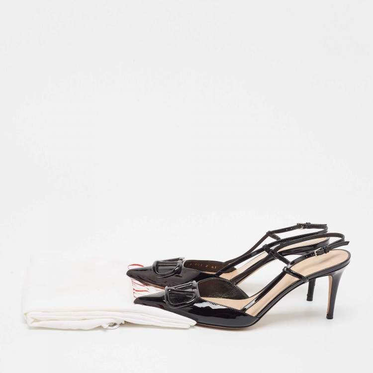 Pre Owned Valentino Black Patent Leather Escape V logo Slingback Pumps Size 41