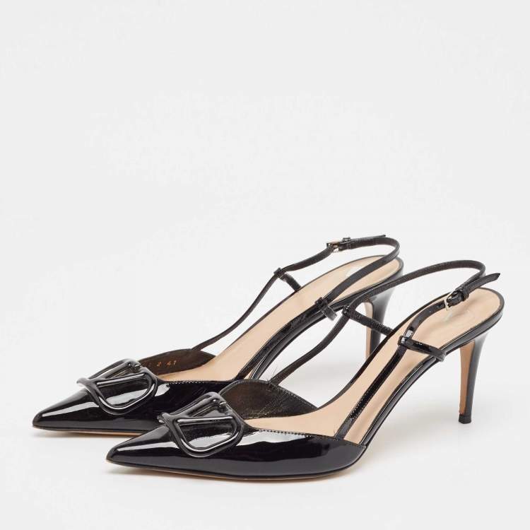 Pre Owned Valentino Black Patent Leather Escape V logo Slingback Pumps Size 41