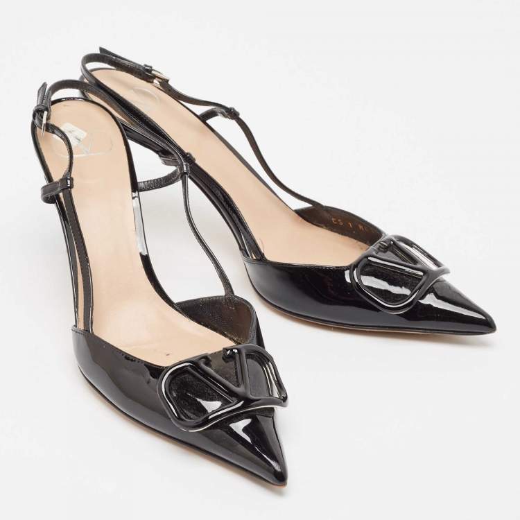 Pre Owned Valentino Black Patent Leather Escape V logo Slingback Pumps Size 41