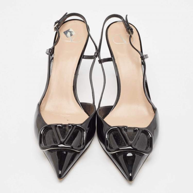 Pre Owned Valentino Black Patent Leather Escape V logo Slingback Pumps Size 41