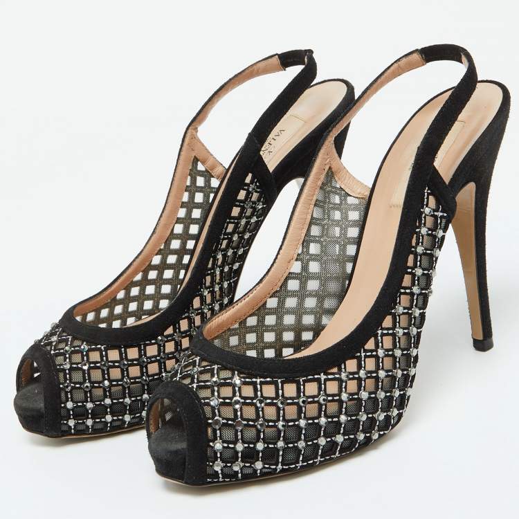 Pre Owned Valentino Black Mesh and Suede Crystal Embellished Peep Toe Pumps Size 38.5