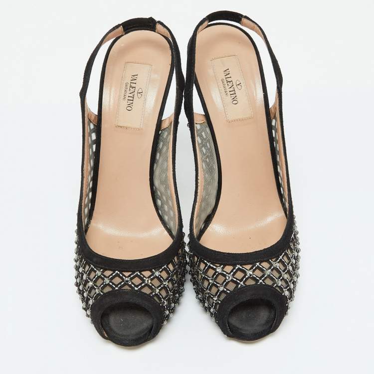 Pre Owned Valentino Black Mesh and Suede Crystal Embellished Peep Toe Pumps Size 38.5