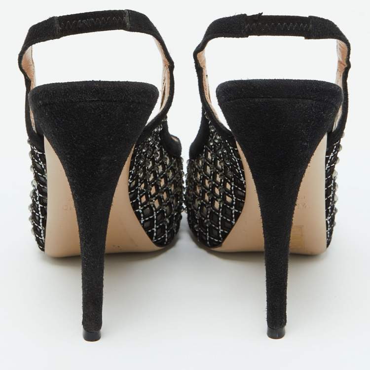 Pre Owned Valentino Black Mesh and Suede Crystal Embellished Peep Toe Pumps Size 38.5