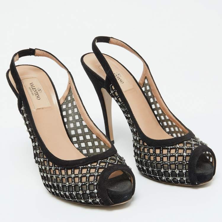 Pre Owned Valentino Black Mesh and Suede Crystal Embellished Peep Toe Pumps Size 38.5