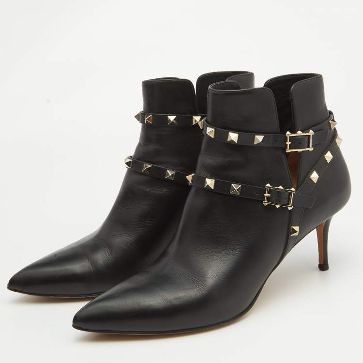 Pre Owned Valentino Black Leather Rockstud Ankle Length Boots Size 41
