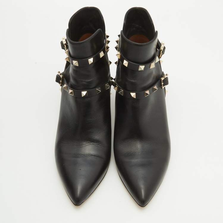 Pre Owned Valentino Black Leather Rockstud Ankle Length Boots Size 41