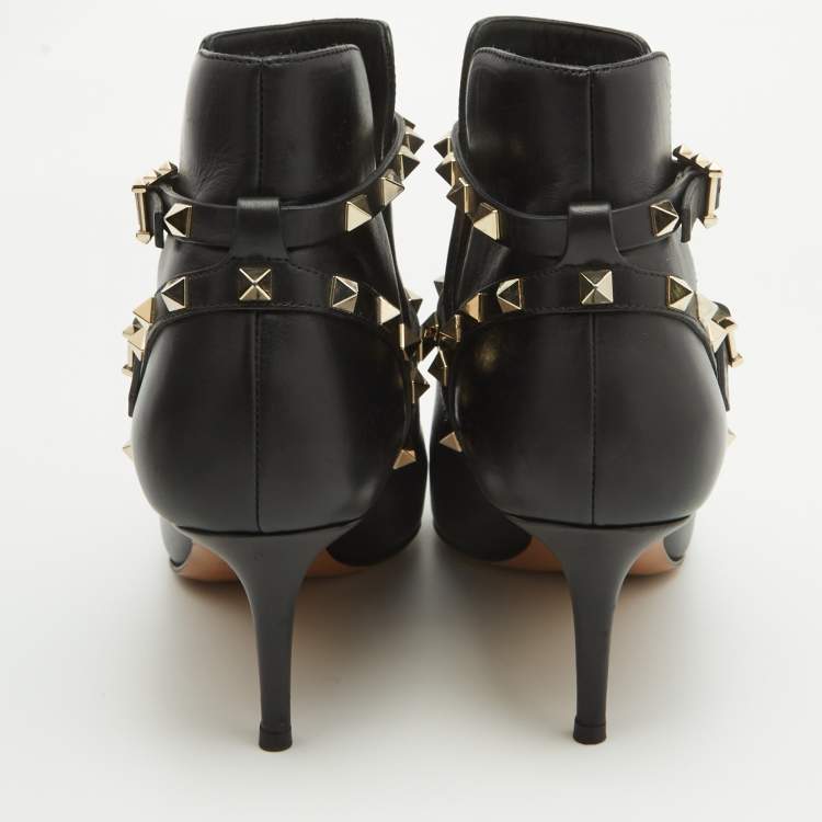 Pre Owned Valentino Black Leather Rockstud Ankle Length Boots Size 41