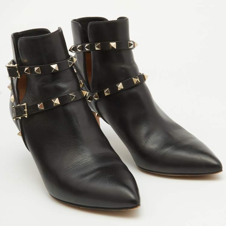 Pre Owned Valentino Black Leather Rockstud Ankle Length Boots Size 41