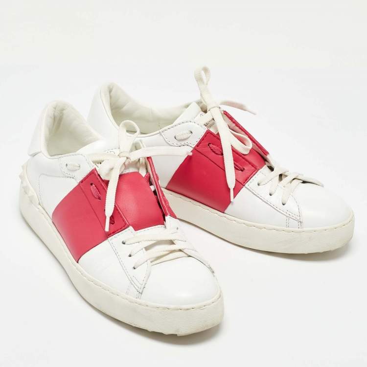 Pre Owned Valentino White/Pink Leather Rockstud Low Top Sneakers Size 38