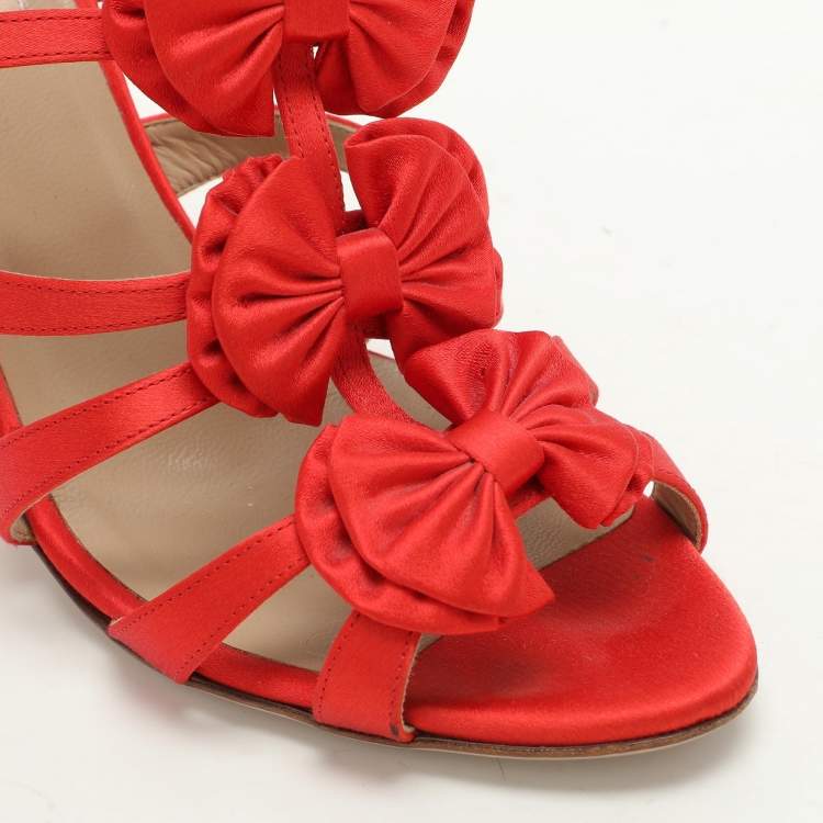 Pre Owned Valentino Red Satin Bow Embellished Slingback Sandals Size 39.5
