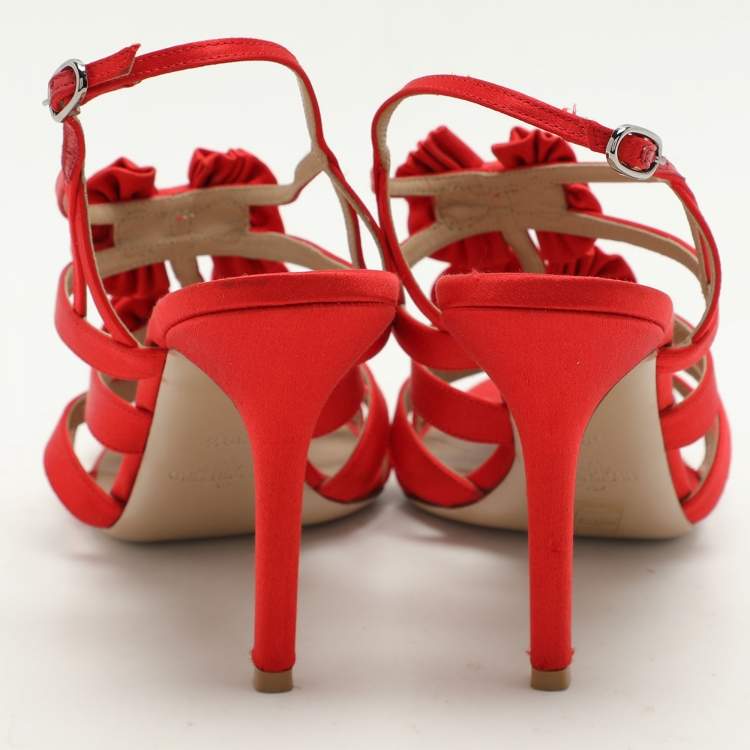 Pre Owned Valentino Red Satin Bow Embellished Slingback Sandals Size 39.5