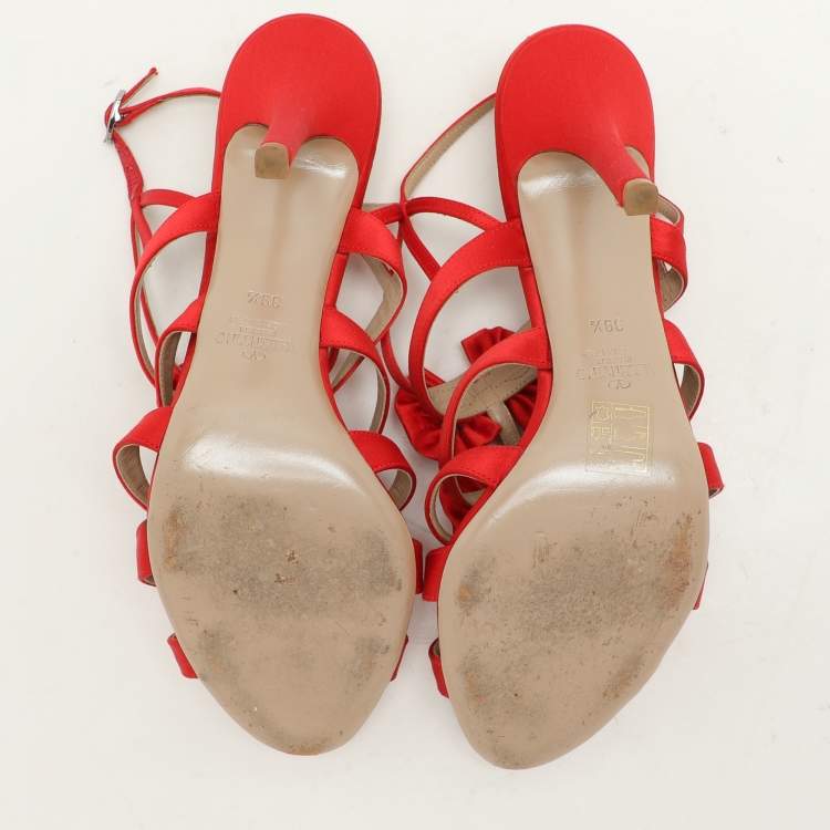 Pre Owned Valentino Red Satin Bow Embellished Slingback Sandals Size 39.5