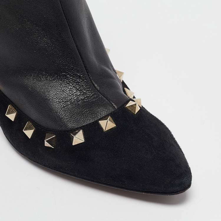 Pre Owned Valentino Black Leather and Suede Rockstud Ankle Boots Size 40