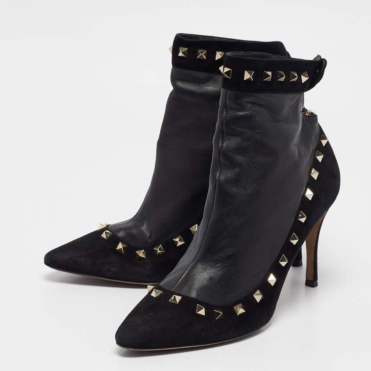 Pre Owned Valentino Black Leather and Suede Rockstud Ankle Boots Size 40