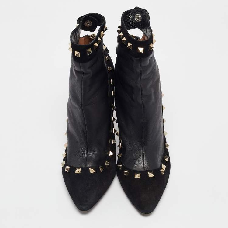 Pre Owned Valentino Black Leather and Suede Rockstud Ankle Boots Size 40