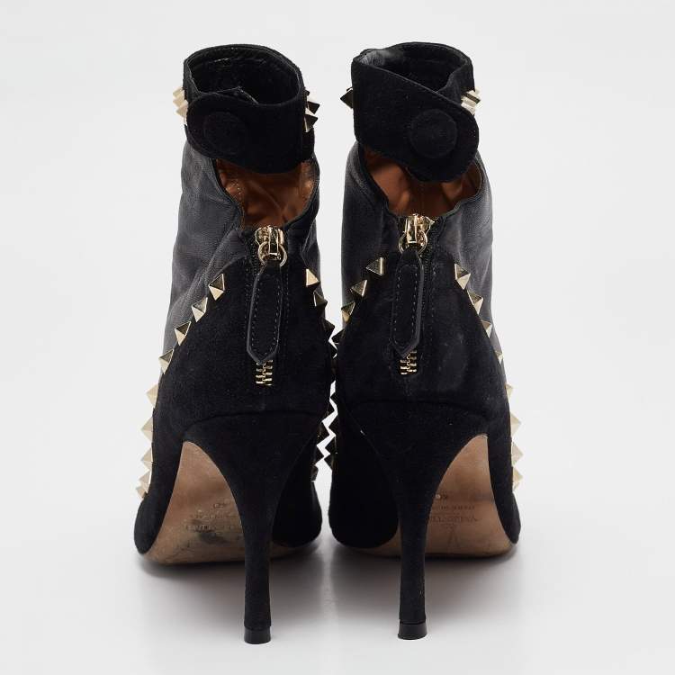 Pre Owned Valentino Black Leather and Suede Rockstud Ankle Boots Size 40