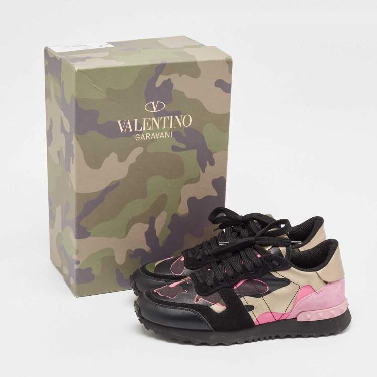 Pre Owned Valentino Multicolor Camouflage Leather and Suede Rockrunner Sneakers Size 37.5
