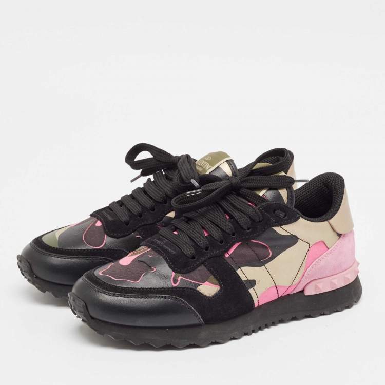 Pre Owned Valentino Multicolor Camouflage Leather and Suede Rockrunner Sneakers Size 37.5
