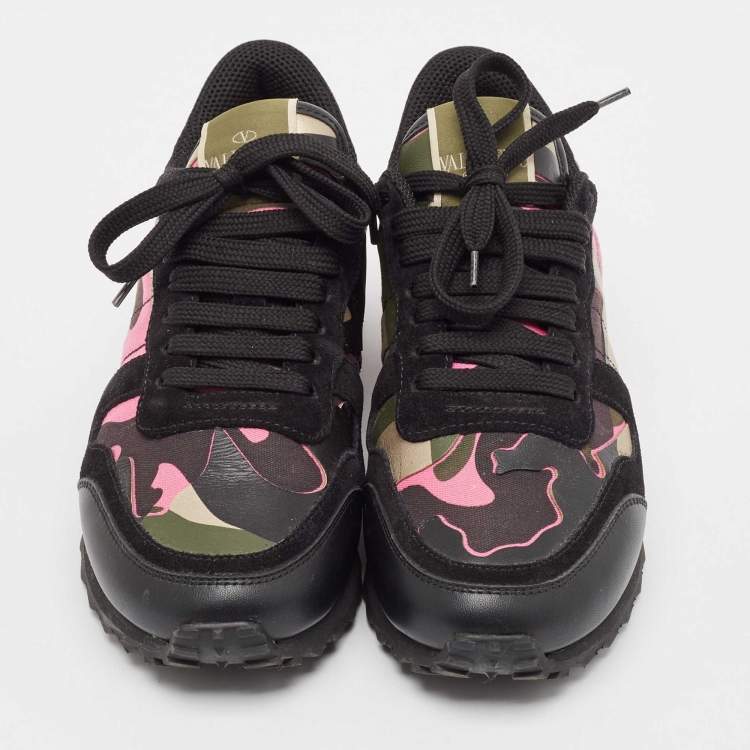 Pre Owned Valentino Multicolor Camouflage Leather and Suede Rockrunner Sneakers Size 37.5