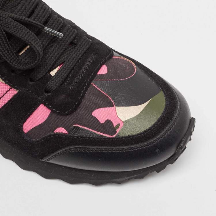 Pre Owned Valentino Multicolor Camouflage Leather and Suede Rockrunner Sneakers Size 37.5