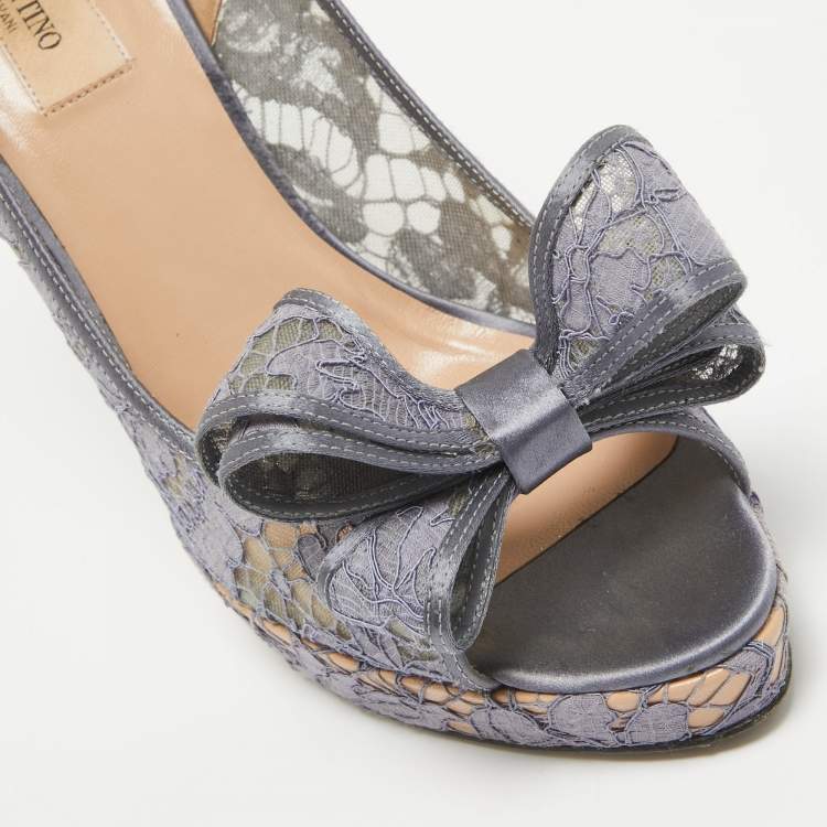 Pre Owned Valentino Grey Lace and Mesh Couture Peep Toe Pumps Size 41