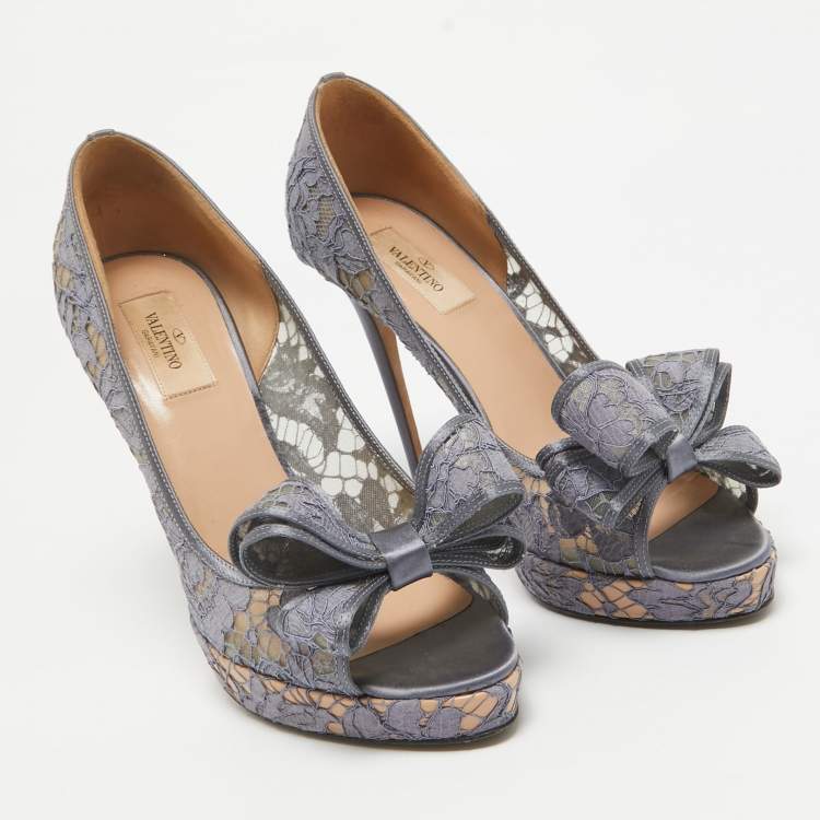 Pre Owned Valentino Grey Lace and Mesh Couture Peep Toe Pumps Size 41