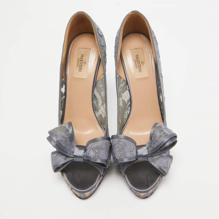 Pre Owned Valentino Grey Lace and Mesh Couture Peep Toe Pumps Size 41