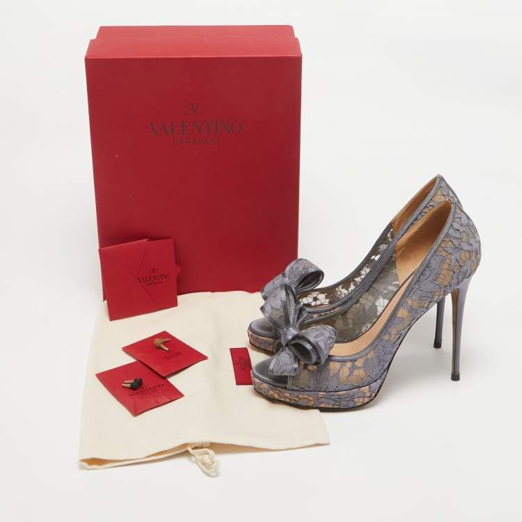 Pre Owned Valentino Grey Lace and Mesh Couture Peep Toe Pumps Size 41
