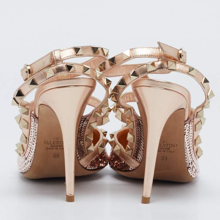 Pre Owned Valentino Rose Gold Sequins and Leather Rockstud Ankle Strap Pumps Size 39