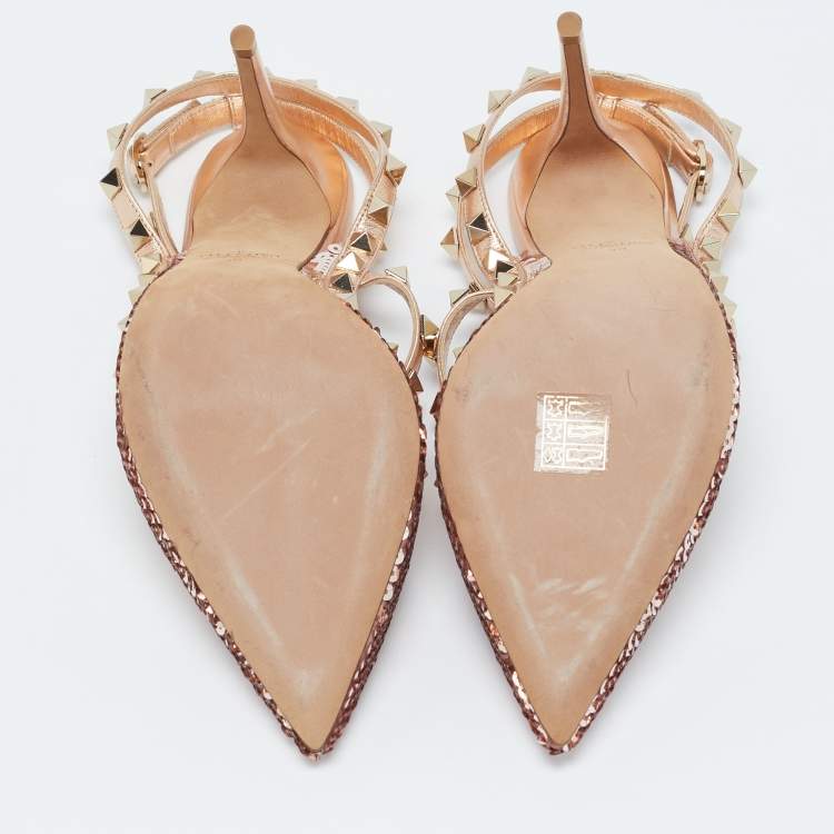 Pre Owned Valentino Rose Gold Sequins and Leather Rockstud Ankle Strap Pumps Size 39