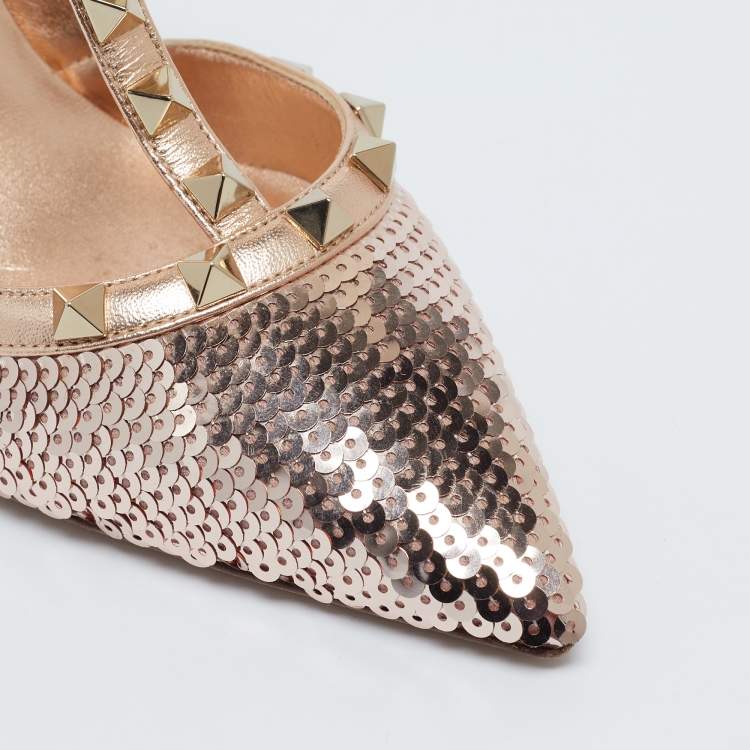 Pre Owned Valentino Rose Gold Sequins and Leather Rockstud Ankle Strap Pumps Size 39
