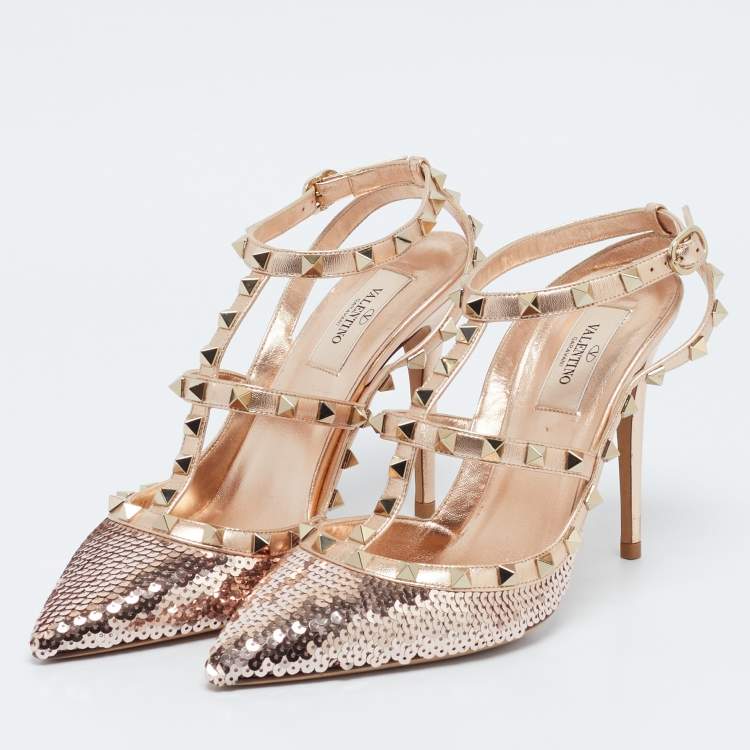 Pre Owned Valentino Rose Gold Sequins and Leather Rockstud Ankle Strap Pumps Size 39