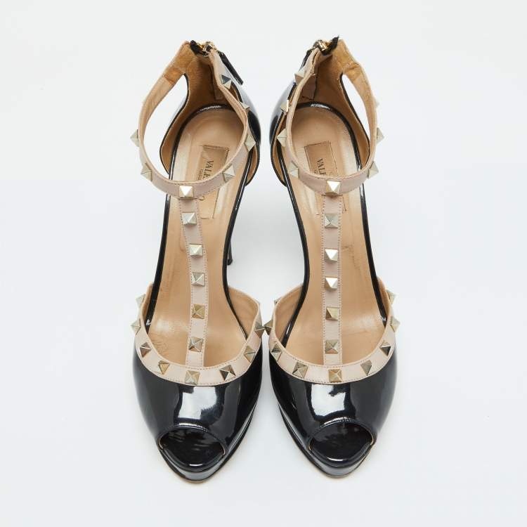 Pre Owned Valentino Black/Beige Patent Leather Rockstud Platform Peep Toe Pumps Size 39.5