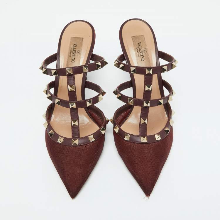 Pre Owned Valentino Burgundy Mesh and Leather Rockstud Pointed Toe Mules Size 39