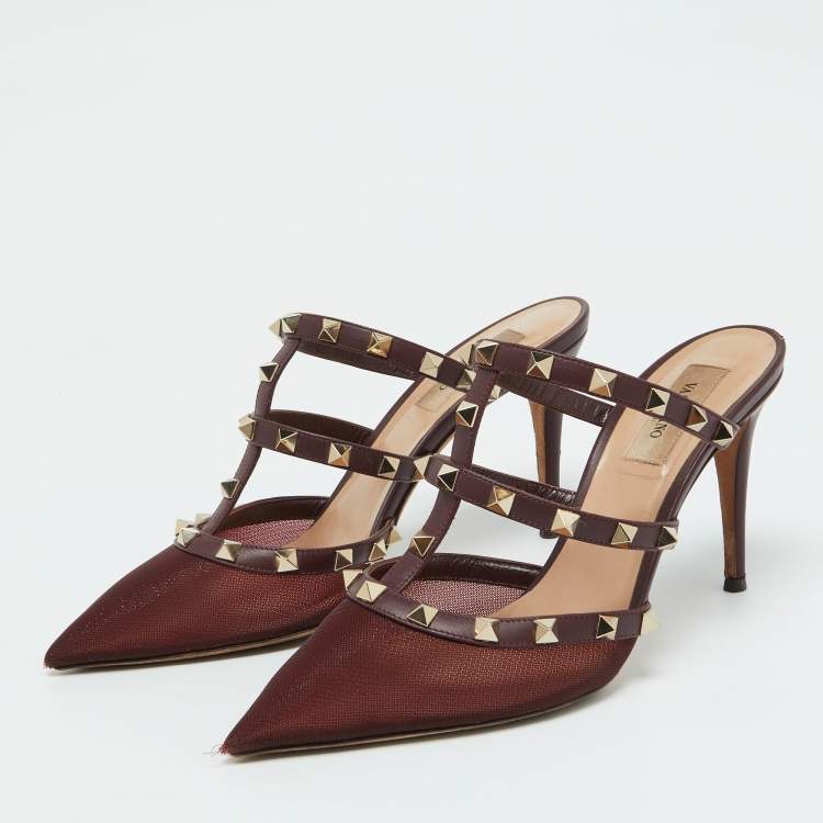 Pre Owned Valentino Burgundy Mesh and Leather Rockstud Pointed Toe Mules Size 39