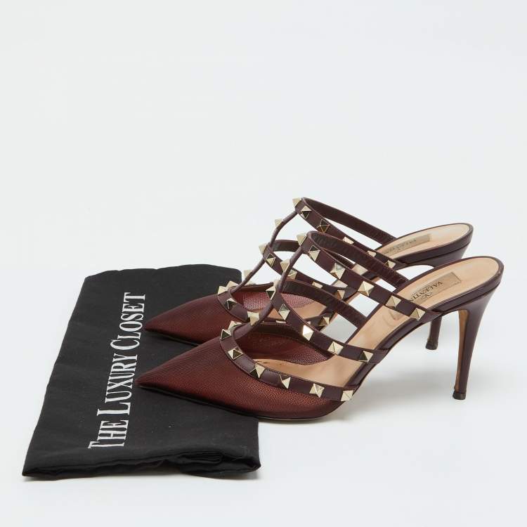 Pre Owned Valentino Burgundy Mesh and Leather Rockstud Pointed Toe Mules Size 39